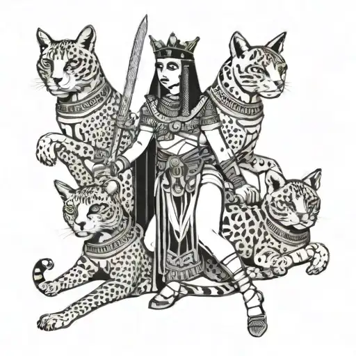 Cleopatra as a fierce warrior leading an army of Egyptian cats into battle tattoo design idea