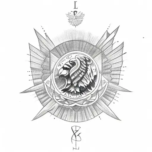 A sketch-style tattoo combining the Mexican eagle, the Filipino sun, and the cursive E tattoo design idea