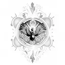 A sketch-style tattoo combining the Mexican eagle, the Filipino sun, and the cursive E tattoo design idea