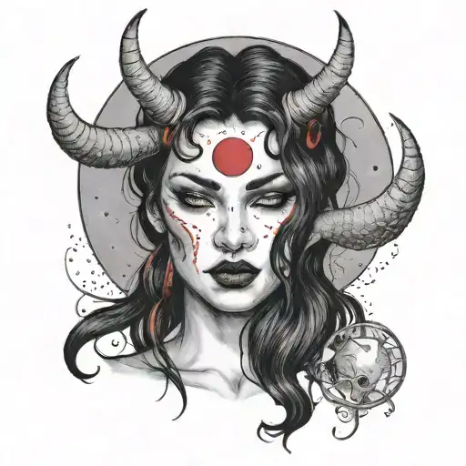 Woman with black hair, red horns, and a cresunt moon on her forehead.  tattoo design idea