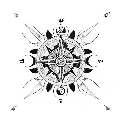 A detailed blackwork design featuring a compass intertwined with a tree, representing the client's passion for travel and their strong roots in their family. tattoo design idea