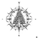 A detailed blackwork design featuring a compass intertwined with a tree, representing the client's passion for travel and their strong roots in their family. tattoo design idea