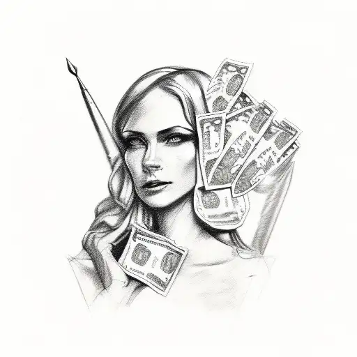 Sketch-style tattoo of Helvetia, the female national personification of Switzerland, holding a bag of money tattoo design idea