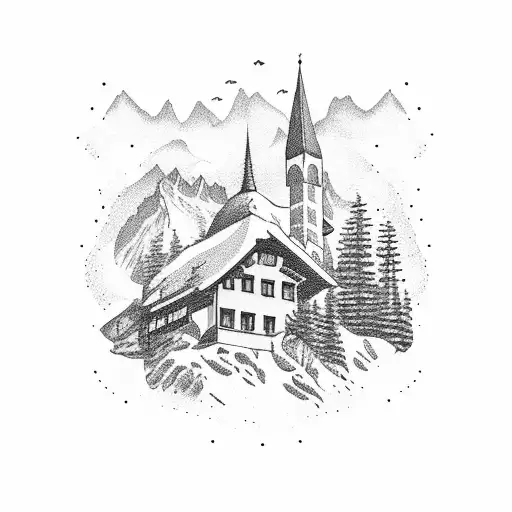 Dotwork tattoo of a serene Swiss mountain village with banknotes floating in the air tattoo design idea