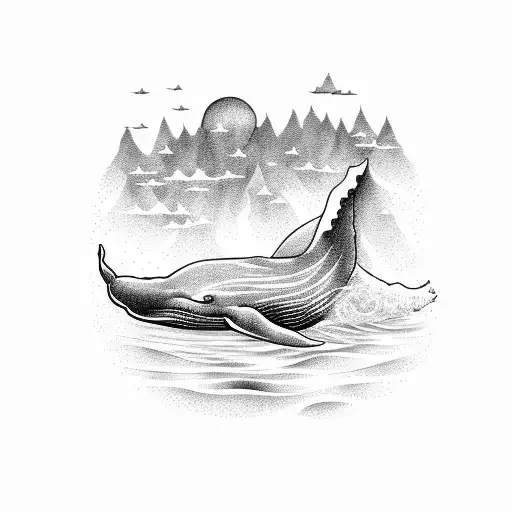 whale tail entering in the sea and sunset tattoo design idea