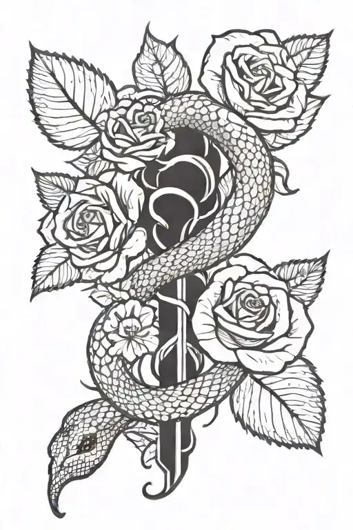 snake wrapped around a rose with leaves and stem wrapped around a cross tattoo design idea
