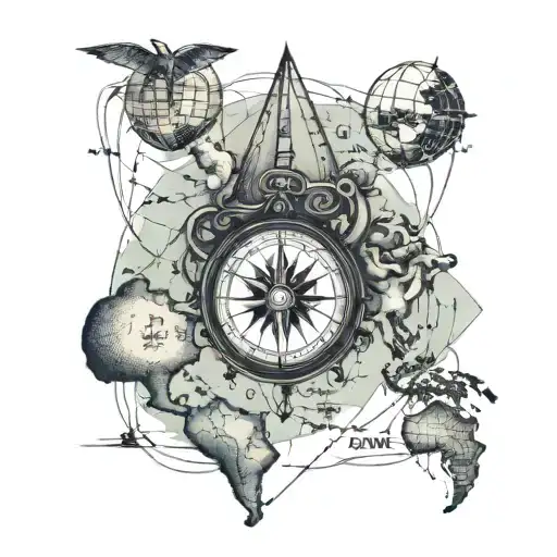 water, atlas map lines, compass, coordinates leading tattoo design idea