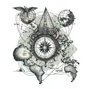 water, atlas map lines, compass, coordinates leading tattoo design idea
