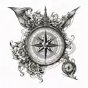 water, atlas map lines, compass, coordinates leading tattoo design idea