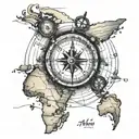water, atlas map lines, compass, coordinates leading tattoo design idea