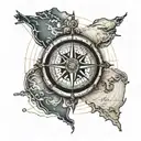 water, atlas map lines, compass, coordinates leading tattoo design idea