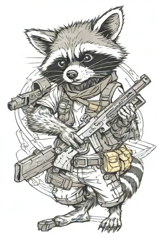 a  tattoo sketch of a raccoon holding a gun, depicted in full body. The design should not be overly detailed tattoo design idea