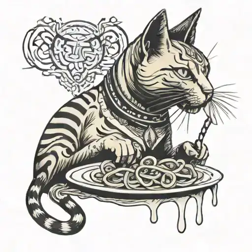 Egyptian cat eating pasta   tattoo design idea