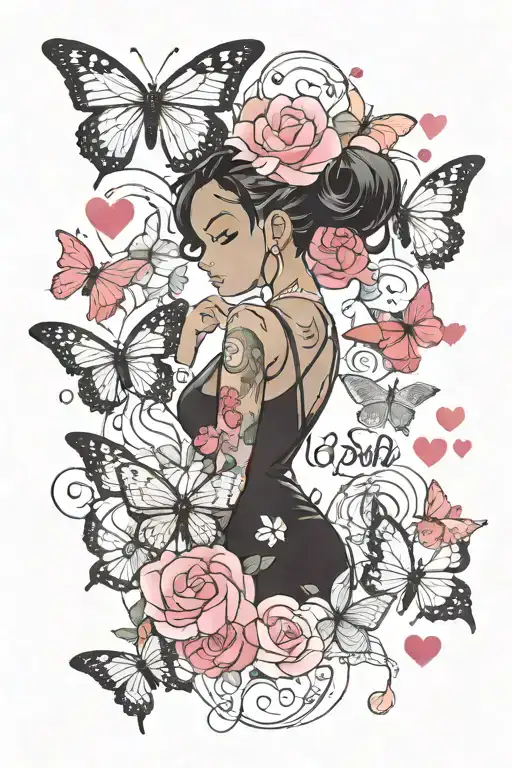 Bold Name Word "quanisha" Surrounded By Butterflies, Red Roses, Hearts, And Pink Sakura Petals, brownskin girl Tattoo tattoo design idea