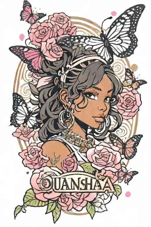 Bold Name Word "Quanisha" "Jenay" Surrounded By Butterflies, Red Roses, Hearts, And Pink Sakura Petals, brownskin girl tattoo design idea