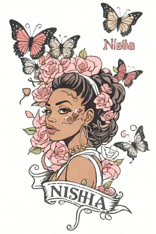Bold Name Word "Nisha" "Jenay" Surrounded By Butterflies, Red Roses, Hearts, And Pink Sakura Petals, brownskin girl tattoo design idea
