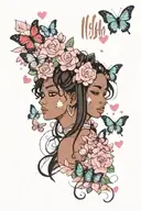 Bold Name Word "Nisha" "Jenay" Surrounded By Butterflies, Red Roses, Hearts, And Pink Sakura Petals, brownskin girl tattoo design idea