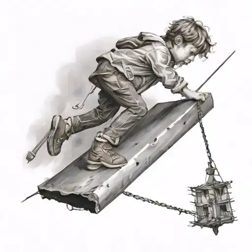 child tightrope walker on giant razor blade tattoo design idea