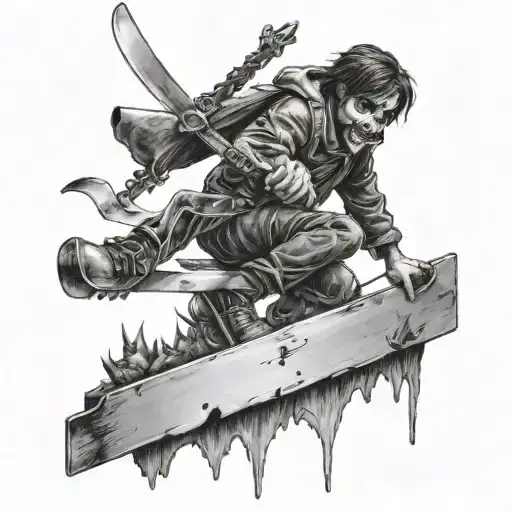 child tightrope walker on giant razor blade with reaper waiting underneath tattoo design idea