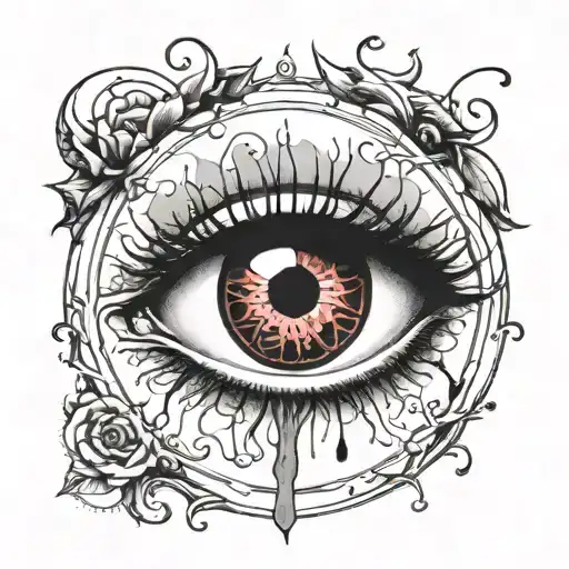 An eye filled with blood, with veins, in a circle in a square.  tattoo design idea