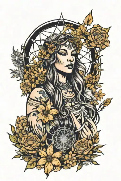 dreamcatcher goddess in a wildflower field transformed tattoo design idea