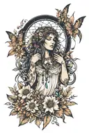 dreamcatcher goddess in a wildflower field transformed tattoo design idea