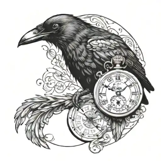 A crow with a pocket watch in its beak, symbolizing the passage of time and the themes of heist and adventure in 'Six of Crows' tattoo design idea