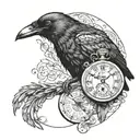 A crow with a pocket watch in its beak, symbolizing the passage of time and the themes of heist and adventure in 'Six of Crows' tattoo design idea