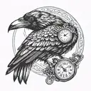 A crow with a pocket watch in its beak, symbolizing the passage of time and the themes of heist and adventure in 'Six of Crows' tattoo design idea