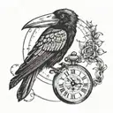 A crow with a pocket watch in its beak, symbolizing the passage of time and the themes of heist and adventure in 'Six of Crows' tattoo design idea