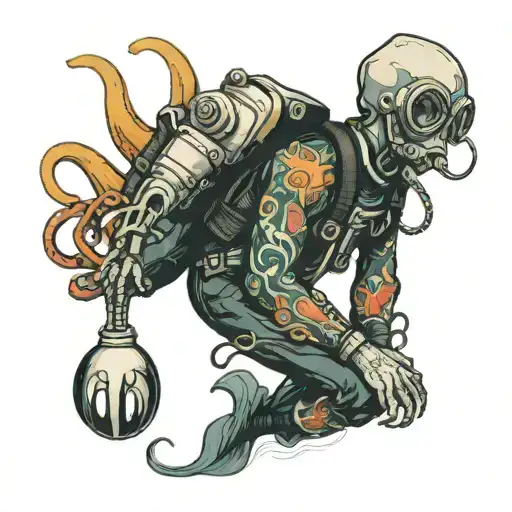 diver and squid tattoo design idea