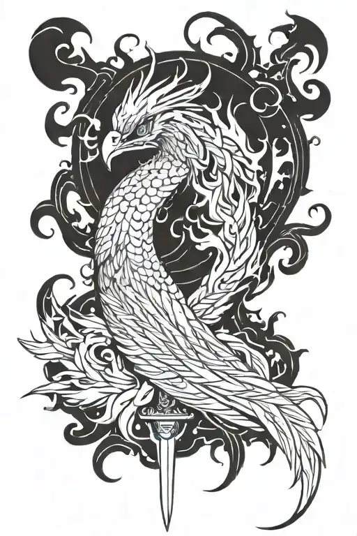 A futuristic anime-inspired phoenix rising from the ashes, holding a Japanese sword in its beak tattoo design idea