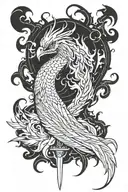 A futuristic anime-inspired phoenix rising from the ashes, holding a Japanese sword in its beak tattoo design idea
