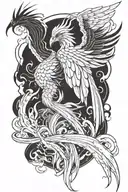A futuristic anime-inspired phoenix rising from the ashes, holding a Japanese sword in its beak tattoo design idea