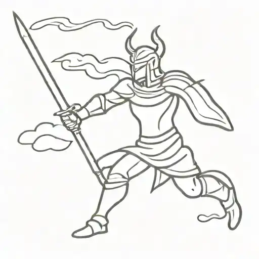 angelic warrior in armor wielding a spear surrounded by clouds tattoo design idea
