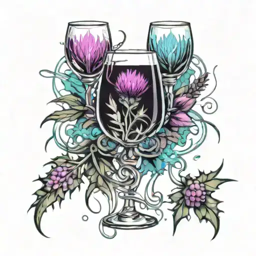 scottish thistle flower wine glasses surrounded tattoo design idea