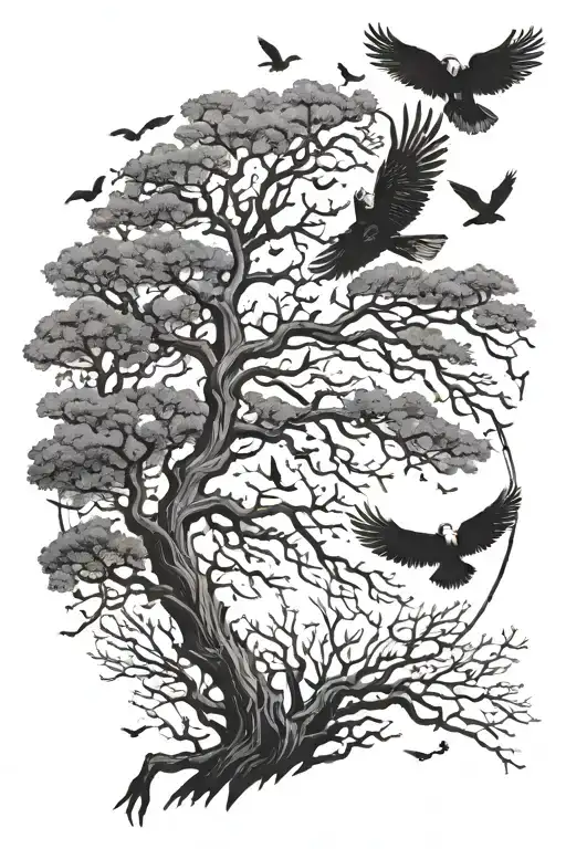 tall dead tree with birds flying away, a prominent eagle,  tattoo design idea