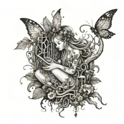 A fairy surrounded by music notes and mushrooms in a mystical forest tattoo design idea