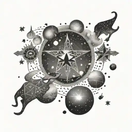 A dotwork tattoo of a celestial scene with music notes floating around a constellation of Taurus, Libra, and Sagittarius tattoo design idea