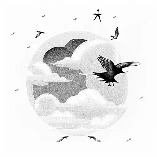 A dreamy scene of a sailboat floating in the clouds with birds flying overhead tattoo design idea