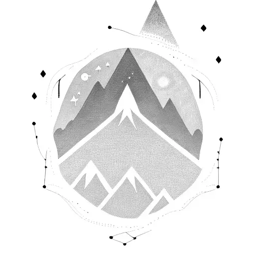 A blackwork tattoo of a cosmic mountain range with a silhouette of a person playing a guitar on top tattoo design idea