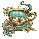 teacup that has night and bless on the side surrounded by a blue and yessow eel  tattoo design idea