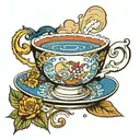 teacup that has night and bless on the side surrounded by a blue and yessow eel  tattoo design idea