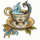 teacup that has night and bless on the side surrounded by a blue and yessow eel  tattoo design idea