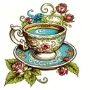 teacup that has night and bless on the side surrounded by a blue and yessow eel  tattoo design idea