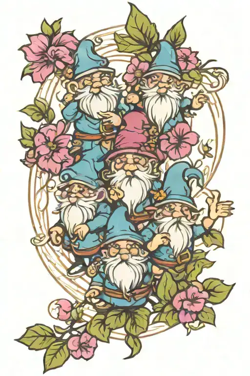 petunias gnomes dancing in a circle tattoo design idea