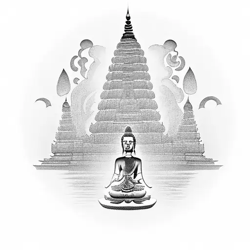 A sleeve featuring a majestic temple with lotus flowers and a Buddha statue, transitioning into a meditative person surrounded by chakras and a bonsai tree tattoo design idea