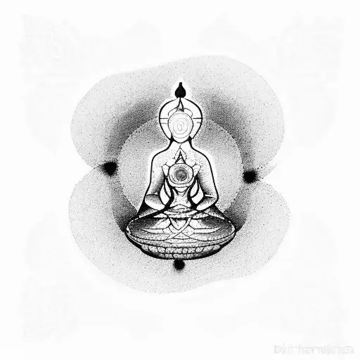A dotwork tattoo featuring a person in deep meditation, with their reflection showing the seven chakras radiating energy over a bonsai tree, symbolizing inner harmony and strength. tattoo design idea