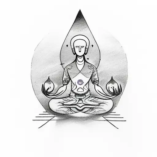 A sketch-style tattoo showcasing a peaceful meditator with the reflection of vibrant chakras overlapping a bonsai tree, symbolizing balance and growth. tattoo design idea