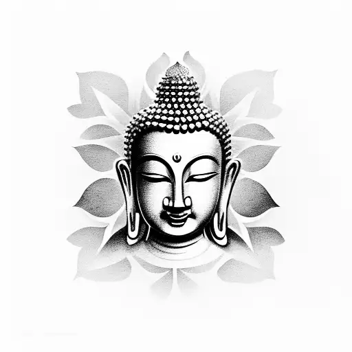 A minimalistic design featuring the face of Buddha in black-grey ink, with a temple and lotus flower subtly incorporated into the background. tattoo design idea